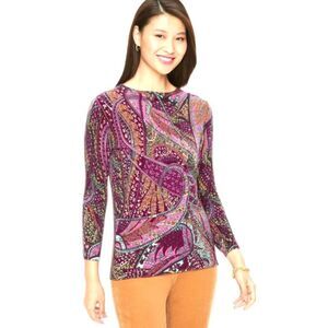 Talbots Audrey Pure Cashmere Paisley Crew Neck Sweater - Pink Multi XLP